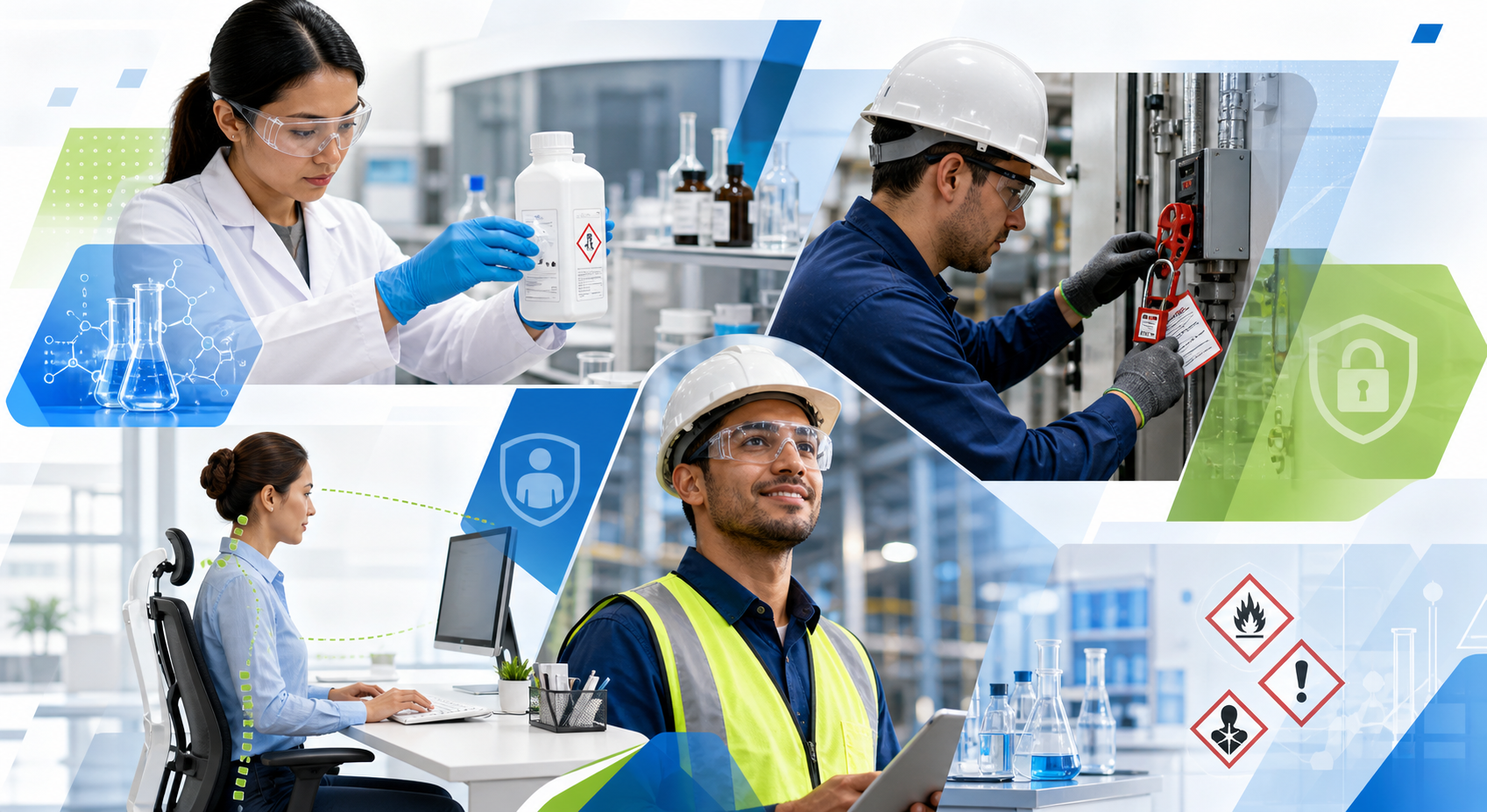 Environmental health and safety topics including chemical handling, lockout tagout, ergonomics, and personal protective equipment