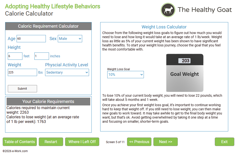 Healthy Goat course screen showing the BMI and healthy weight calculator