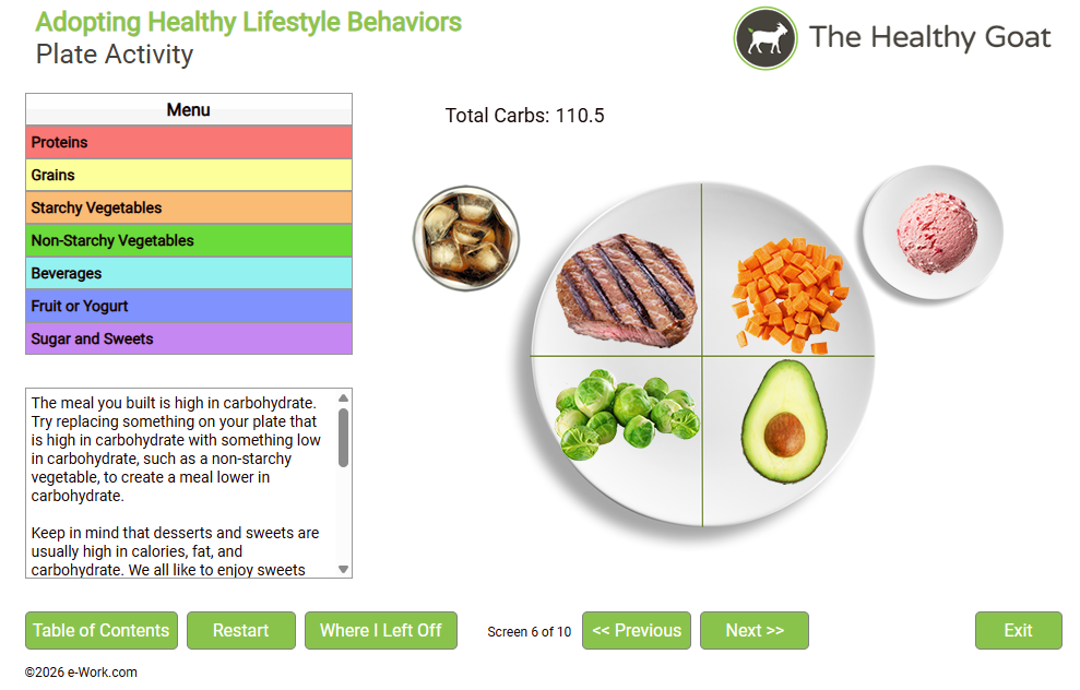 Healthy Goat course screen showing the plate activity
